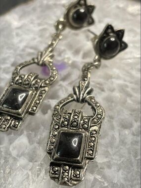 Vintage Art Deco Style Geometric Drop Earrings | Black Onyx & Marcasite Accents